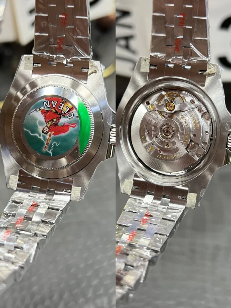 Watch caseback before and after opening, revealing automatic movement layout