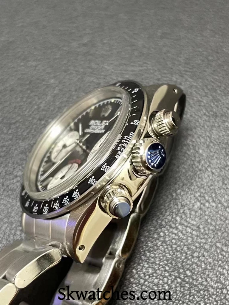 side view of watch case and chronograph pushers showing finishing