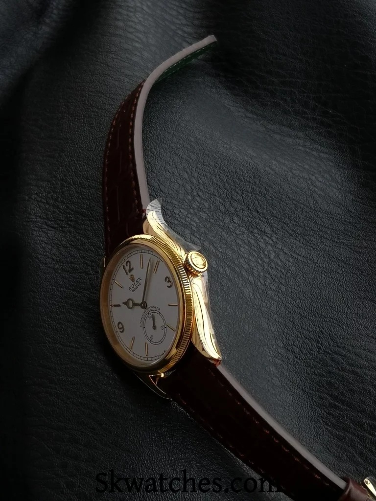 Side view of ES Factory Replica Rolex 1908 with protective plastic on case, showing curvature of lugs and brown leather strap